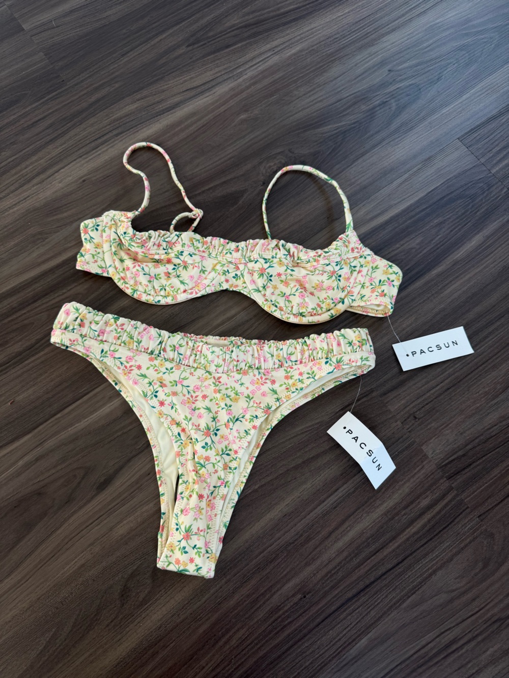 PacSun Yellow Floral Ruffle Bikini Set with Pink & Green Accents